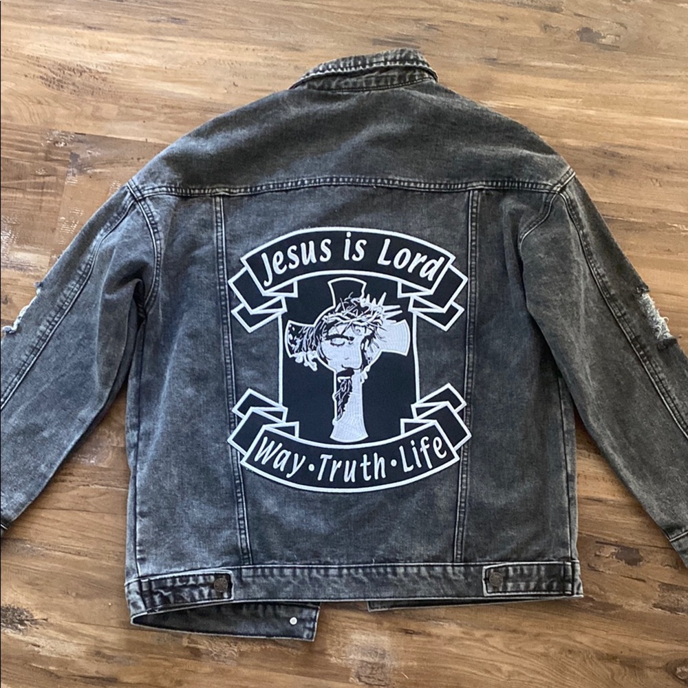 Gray Denim Jacket with Religious Graphic